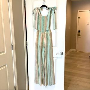 My Beachy Side smocked striped jumpsuit sz XS Aqua